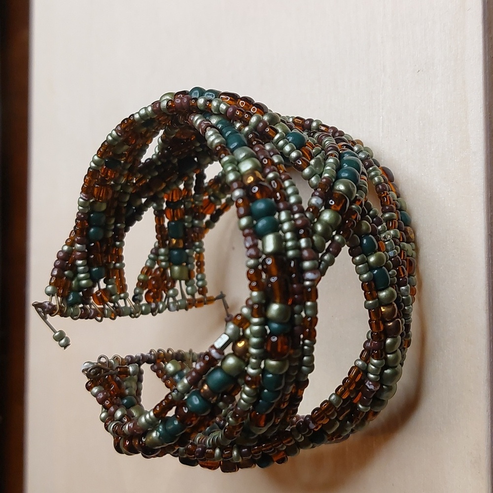 Brown and Green Tones Beaded Braided Wire Cuff Bracelet